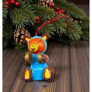 Wooden Teddy Bear Christmas Ornament Blue Musician Hand Painted Cymbals